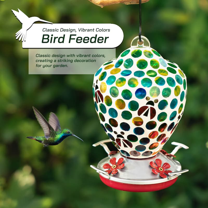 Glitzhome 8.25"H Glass Hanging Dots & Ladybugs Mosaic Birdfeeder