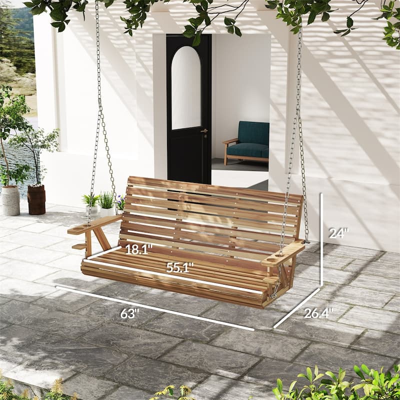 Fir and Pine Wood 3 Seater Outdoor Swing Chair with Cupholders Adjustable Chains for Patio Garden Deck - 63" W x 26.4" D x 24" H