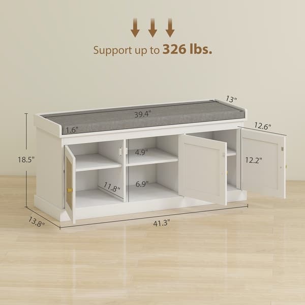 dimension image slide 0 of 2, HOMCOM Shoe Bench with Woven Rattan Doors, Shoe Storage Bench with Cushion, Adjustable Shelves, Boho Style Entryway Bench