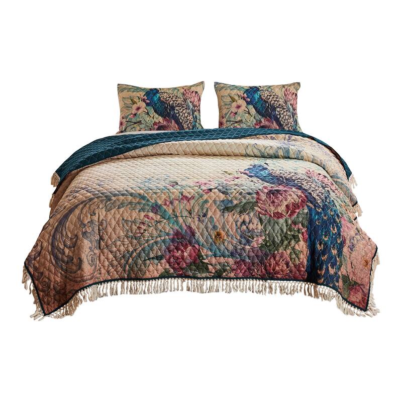 Ufa 36 Inch Quilted King Pillow Sham, Peacock Print, Vermicelli Stitching - Blue, Orange, Red