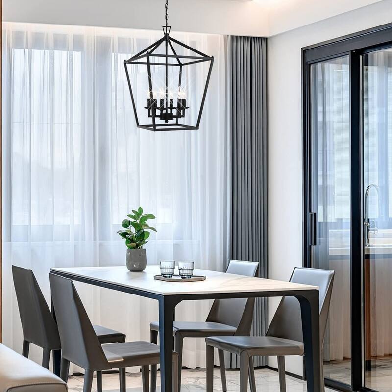 4 or 6-light pendant with steel cage shade and soft gold / Black finish