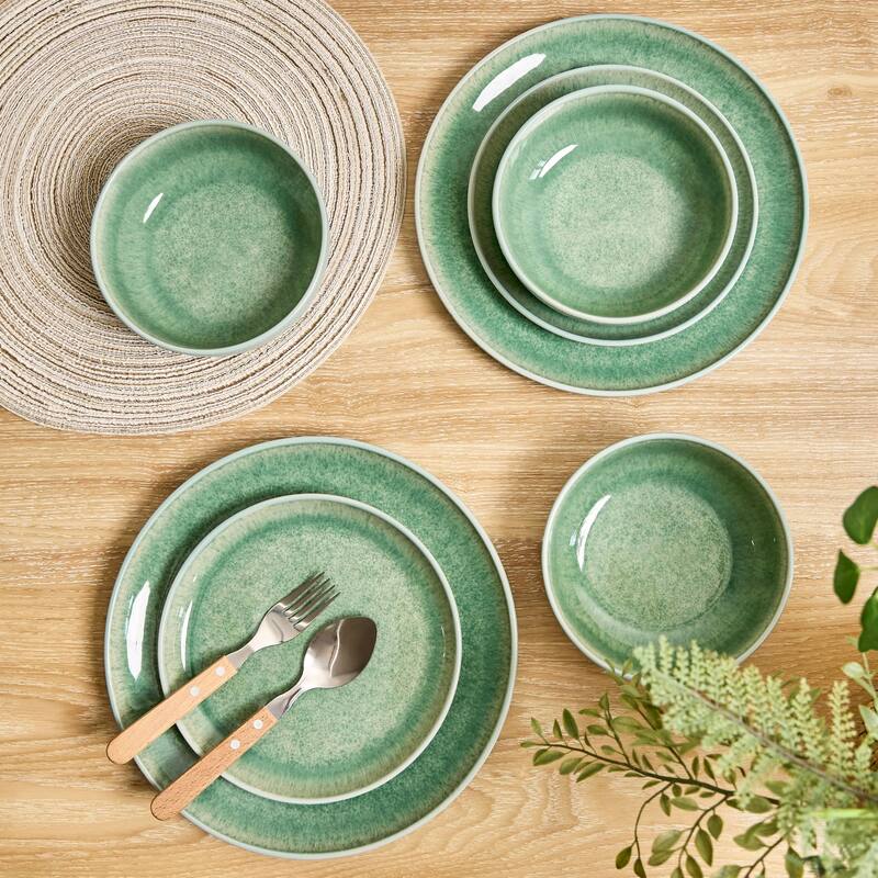 Sango Asher 12-Piece Green Stoneware Dinnerware Set - Service for 4, Plate & Bowl Set