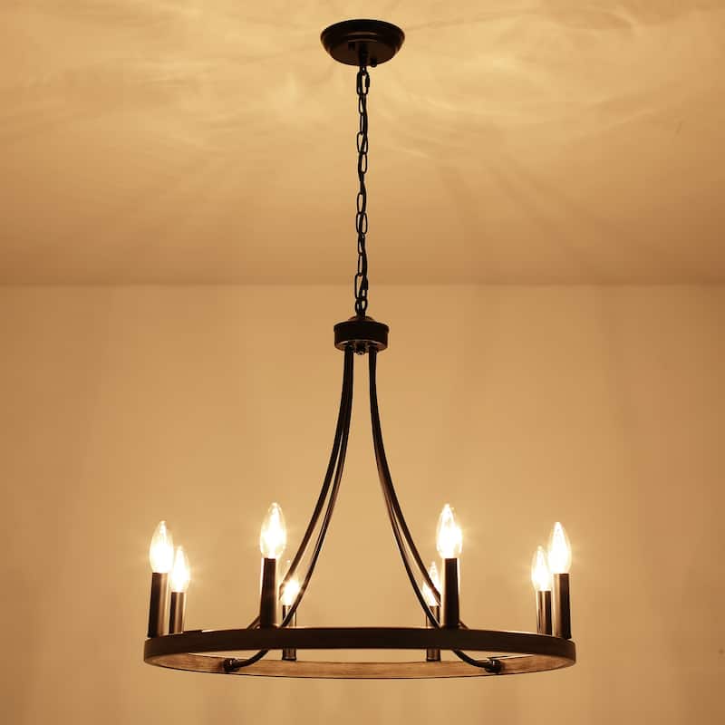 8-Light W23.6" x H82.67" Vintage Rustic Wagon Wheel Chandelier for Living Room