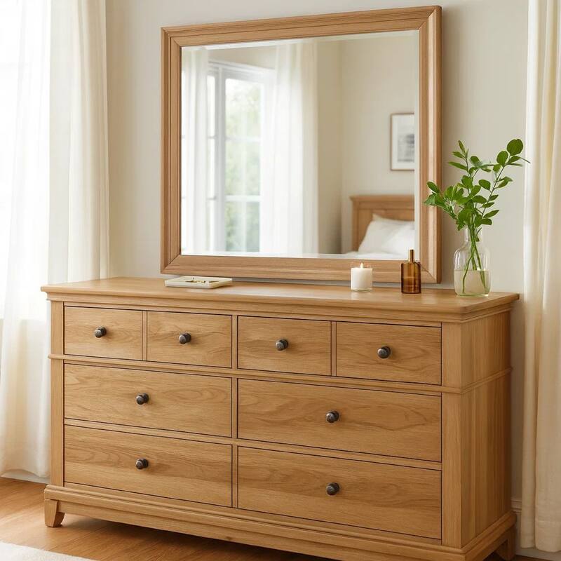 Lexa Wide Dresser, 6 Drawers, Natural Oak Brown Solid Wood, Pewter Metal