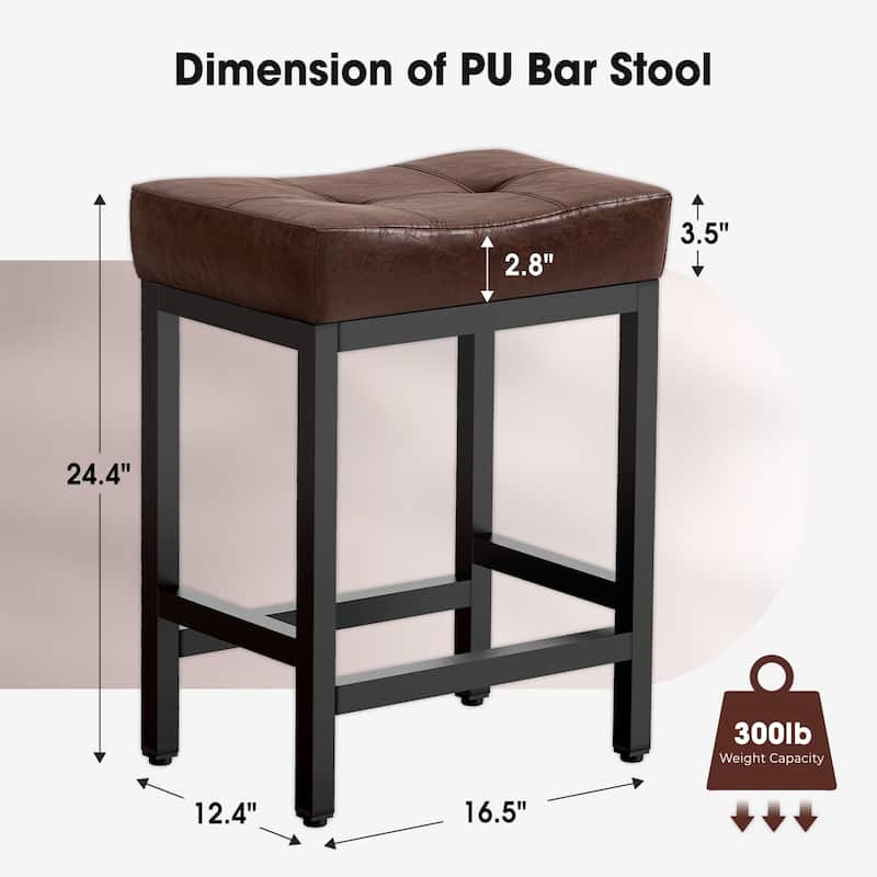 Upholstered PU Leather Bar Stools Set of 2, 24" Counter Height Saddle Bar Stools