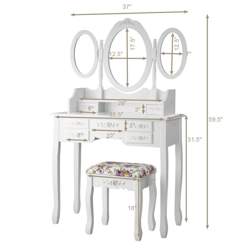 7 Drawer Tri-Folding Mirror Dressing Vanity Makeup Set - 35.5" x 16" x 59.5" (L x W x H)