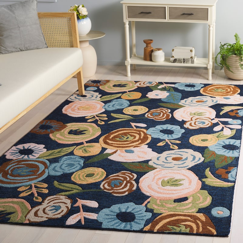 SAFAVIEH Handmade Jardin Massumah Floral Wool Rug - Navy/Light Blue - 4' x 6'