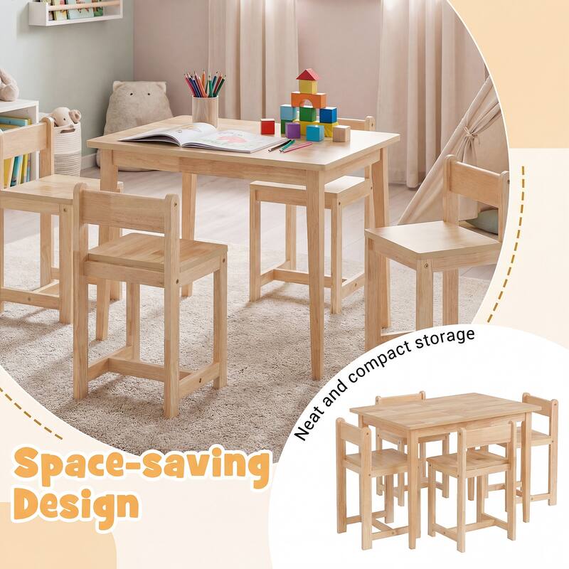 Gymax 5-Piece Kids Table and Chairs Set Solid Rubber Wood Toddler