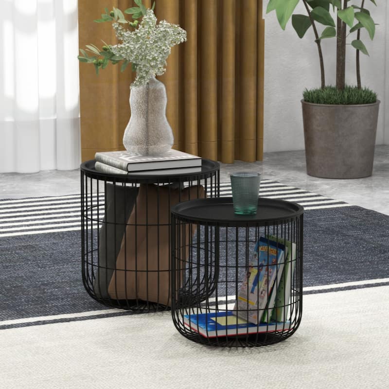 Round Coffee Table Set of 2 with Steel Wired Basket Body and Removable Top, Black - Black