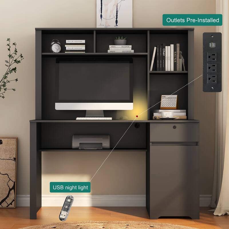 Wooden Computer Desk with Hutch & Bookshelf, Executive Desk Home Office Desk with 3 AC Outlets and 2 USB Charging Ports