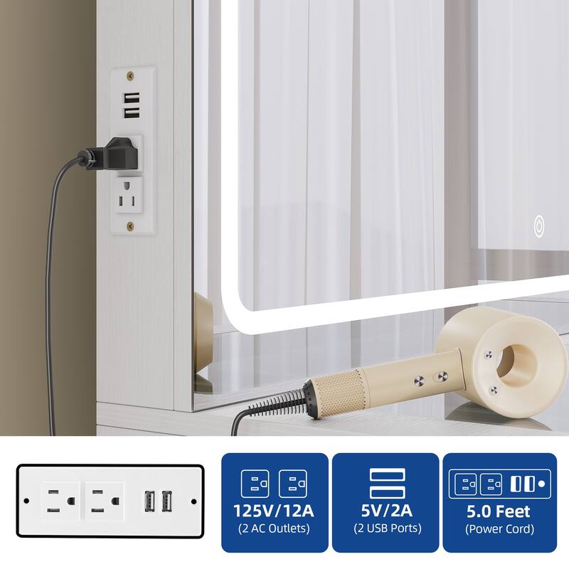 Moasis 9-Drawer Makeup Vanity Set with Stool and Mirror, Glass Top Vanity Desk with LED Lights