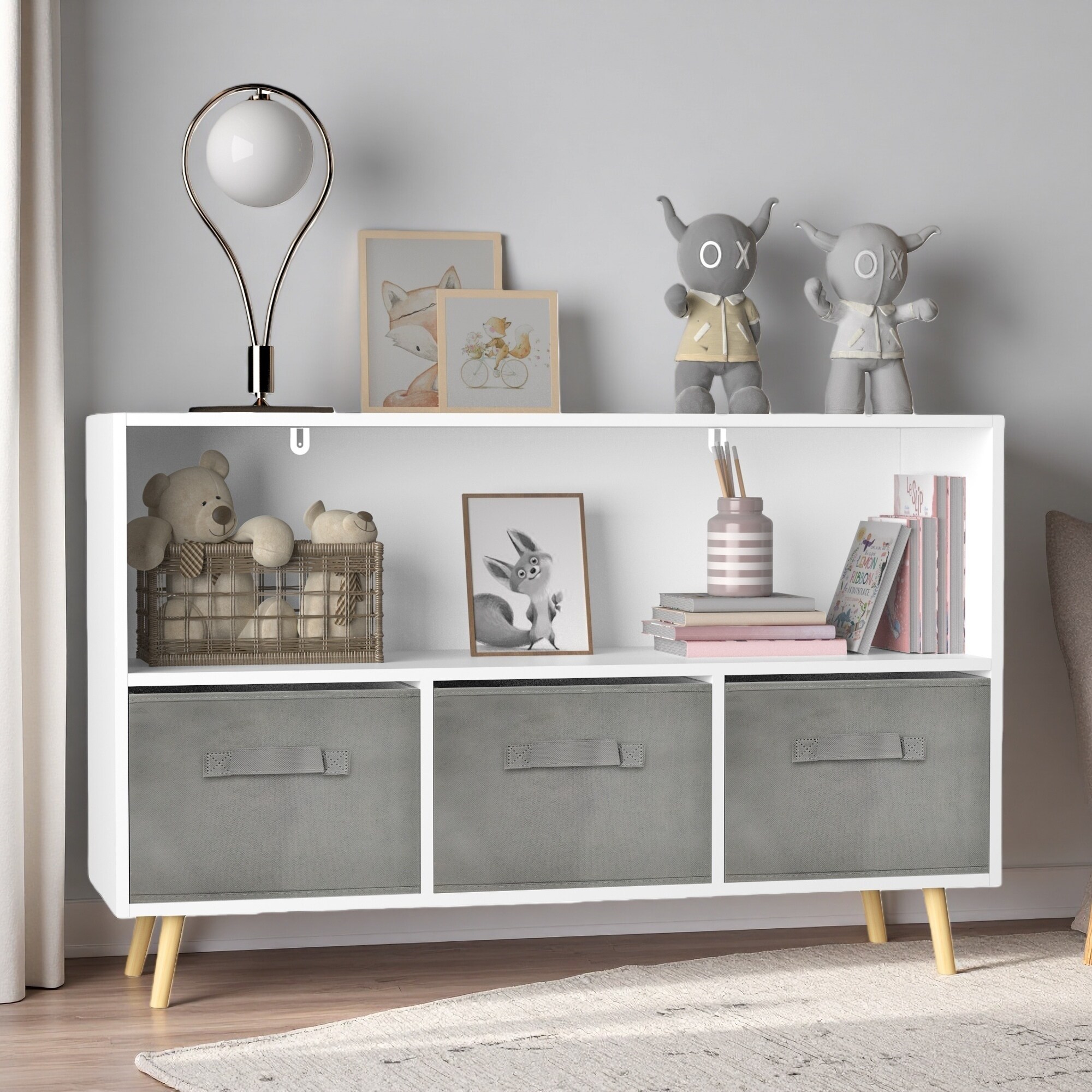 23.62"H Kids Bookcase, MDF Collapsible Drawers, Toy Storage with Safety Buckle