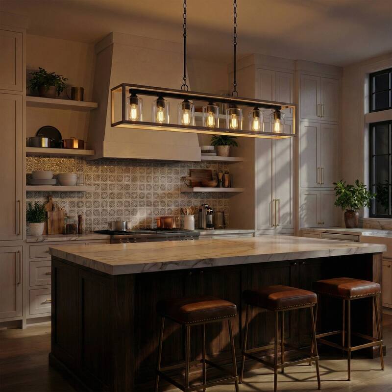Allegray 48in Farmhouse 7-light Linear Chandelier Rectangle Kitchen Island Pendant - 48'' W x 8'' D x 11'' H
