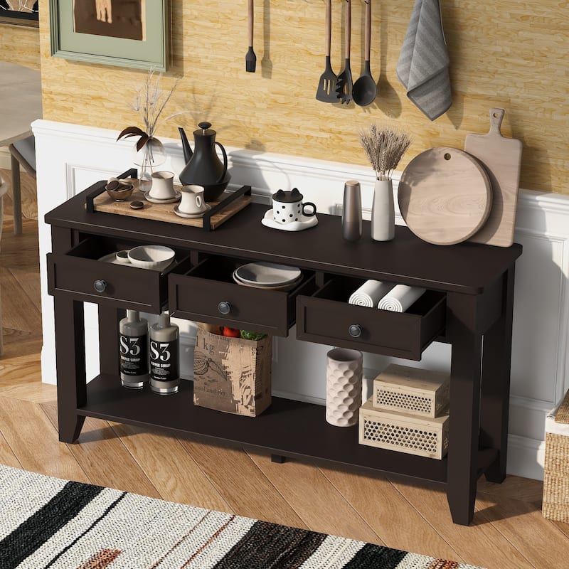 Roomfitters 55.4" Modern Console Table, Narrow Entryway Accent Table with Storage and Open Shelf, Hallway Sofa Table - Dark Coffee