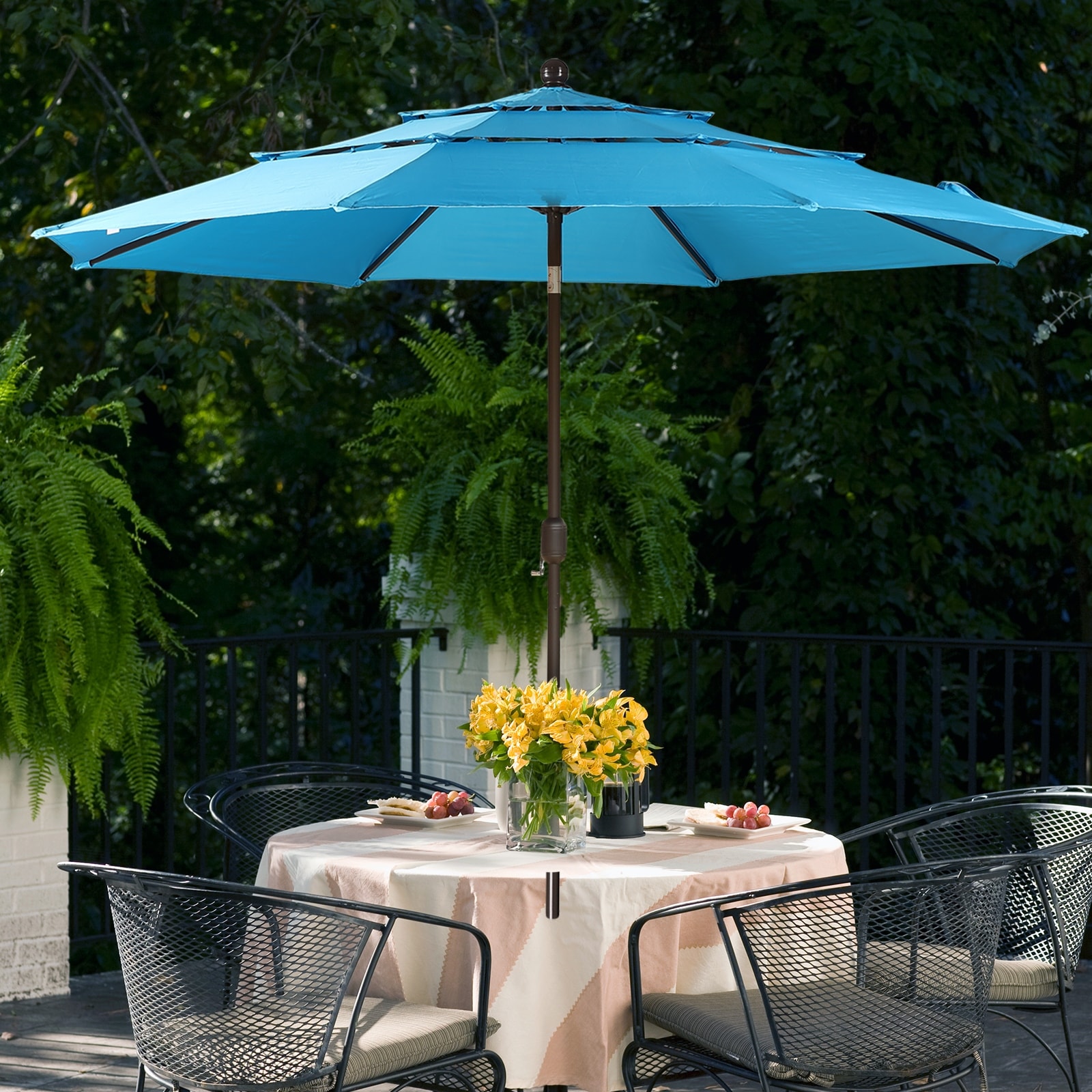 blue table patio umbrella PURPLE LEAF 15x9ft Double-Sided Rectangular Outdoor Market with Base, Light Grey This rectangular outdoor umbrella spans 9 ft Nessa Handpainted Outdoor Umbrella Table
