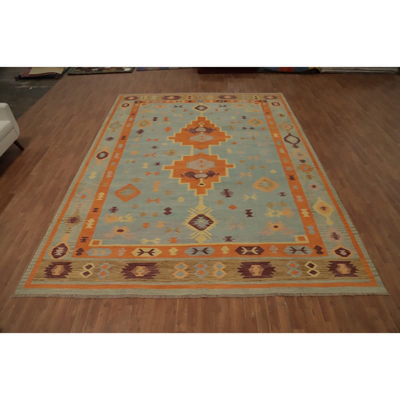 Hand Woven Oriental 100% Wool Carpet Southwestern Tribal Navy Blue & Blues Kilim Area Rug - 13' 0'' X 9' 9''