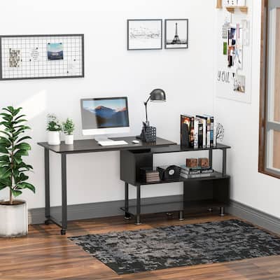 HOMCOM Mobile L-Shaped Rotating Computer Desk with Storage Shelves Moveable Rolling Writing Table