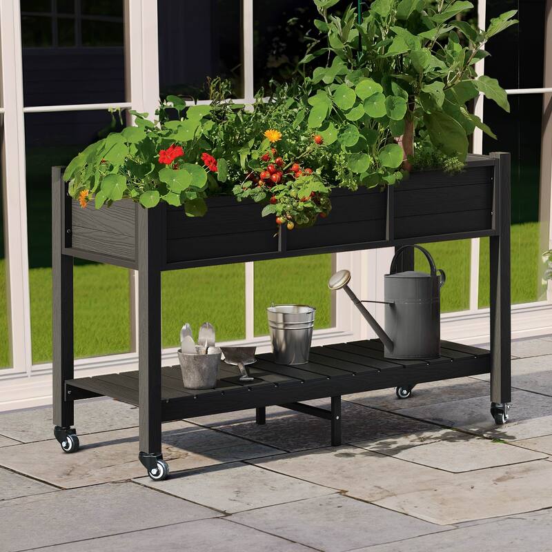 Moasis 2-Tier Outdoor Raised Garden Bed Planter Box Wood Mobile Elevated Stand With Lockable Wheel and Legs - Black