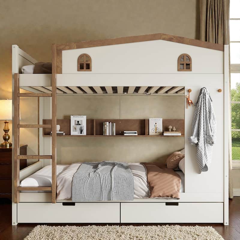 Queen Over Queen Solid Wood Bunk Bed with Storage Drawers and Shelves, Built In Hooks, No Box Spring - Beige Natural - Queen