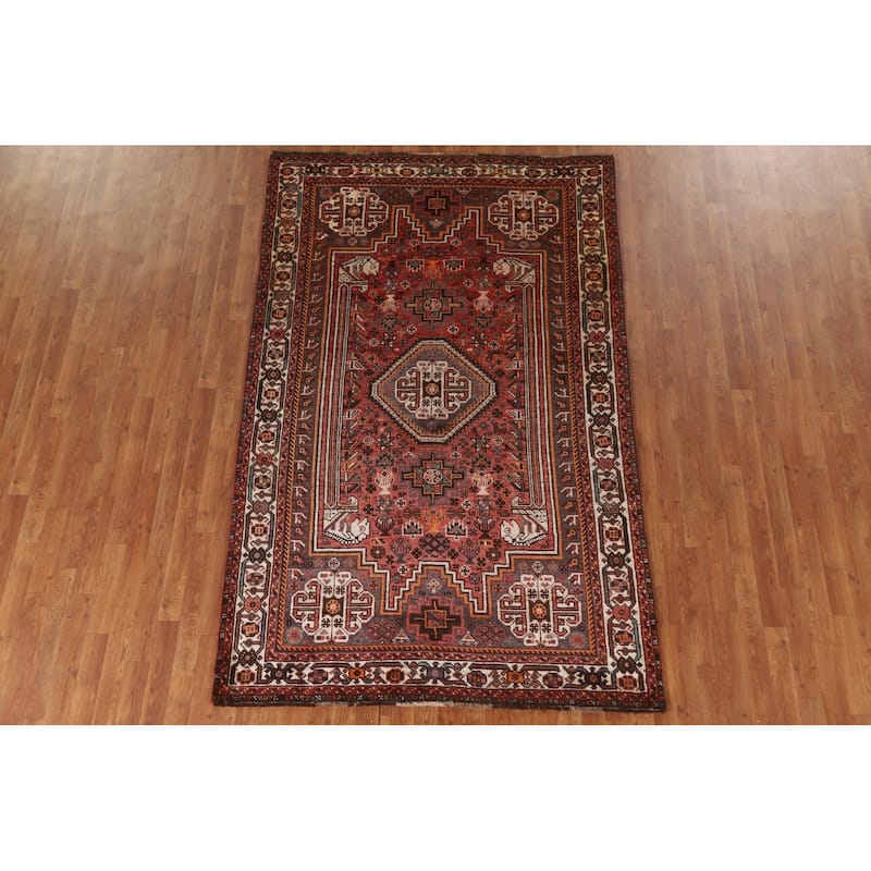 Tribal Pink Qashqai Persian Vintage Area Rug Handmade Wool Carpet - 5'4"x 8'6"