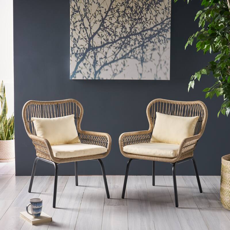 2 Piece Contemporary Bohemian Beach Club Chairs with Steel Frame, Rope-Wrapped Seat & Back for Gardens, Poolside - Natural