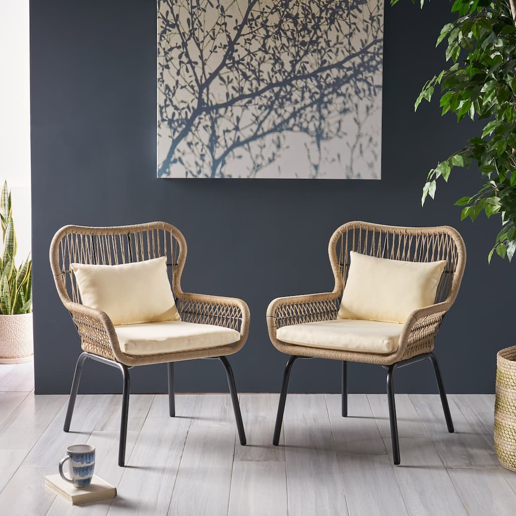 2 Piece Contemporary Bohemian Beach Club Chairs with Steel Frame, Rope-Wrapped Seat & Back for Gardens, Poolside