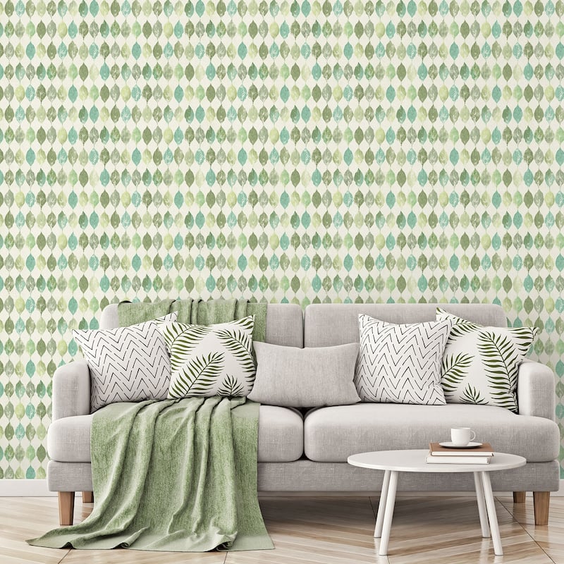 Norwich, Vinyl Fossil Leaf In Greens And Blues Wallpaper, 20.5 In X 33 Ft = 56 Sq Ft - Green