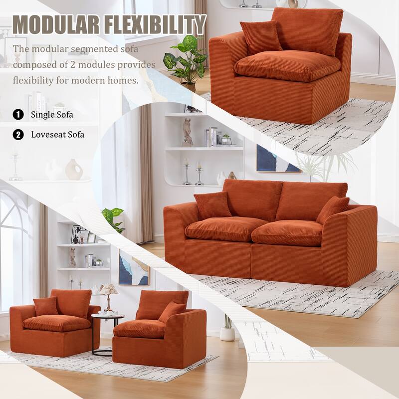Modular Cloud Sectional Sofa, Comfy 2-Seater Corduroy Couch with Removable Covers