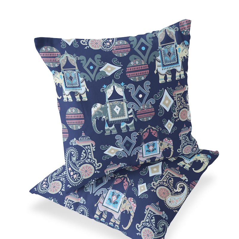 HomeRoots Set of Two 16" X 16" Blue and Gray Elephant Blown Seam Eclectic Indoor Outdoor Throw Pillow - 16.00' X '16.00' X '5.00