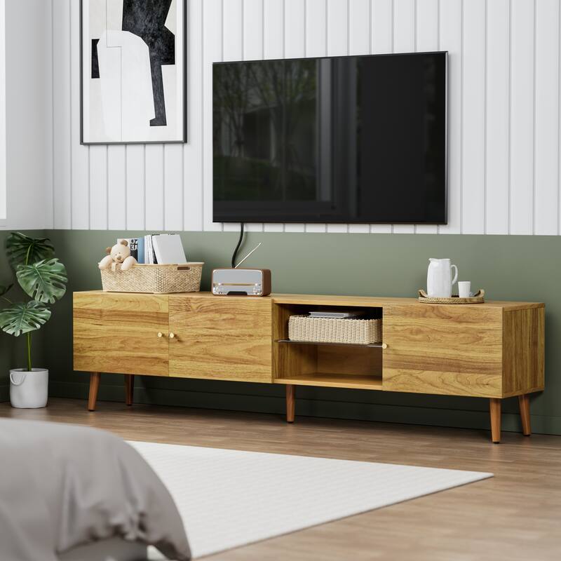 70 Inch, Mid-Century Modern TV Stand, TV Media Console with 3 Doors and 2 Cabinets, for Living Room Bedroom