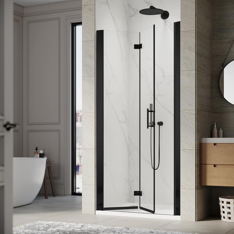 Elegant Bi-Fold Frameless Pivot Swing Shower Door Enclosure with Clear Glass Panel and Hardware Kit