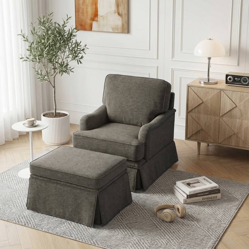 Modern Chenille Swivel Armchair and Storage Ottoman