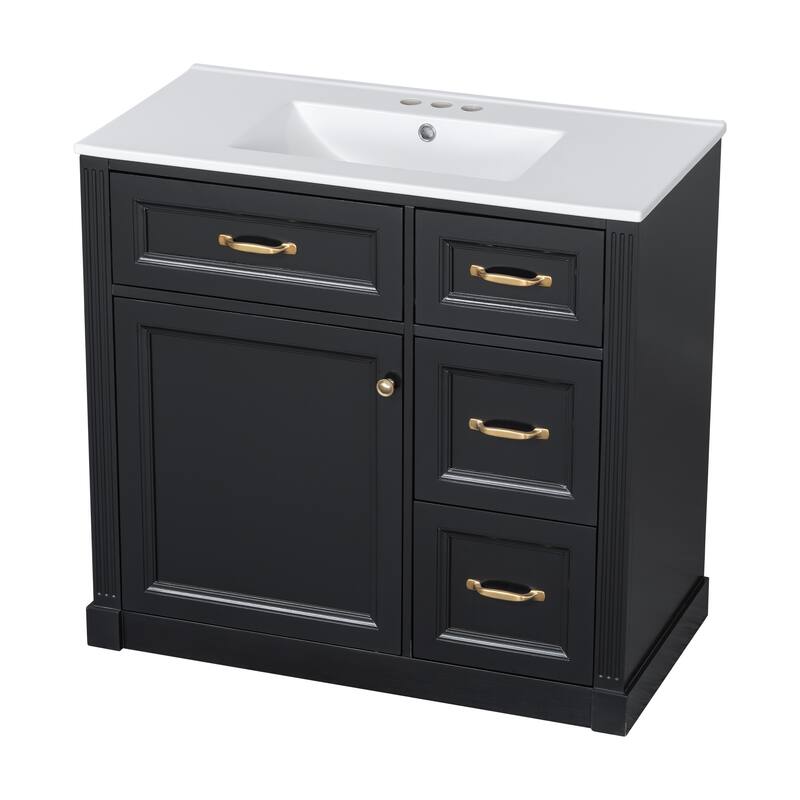 Roomfitters 36" Bathroom Vanity with Sink, Solid Wood Frame, 4 Drawers & Soft-Close Door with Storage Rack