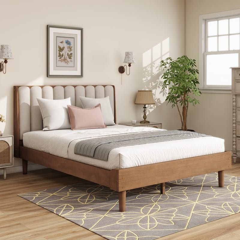 Queen Size Wood Platform Bed with Upholstered Headboard