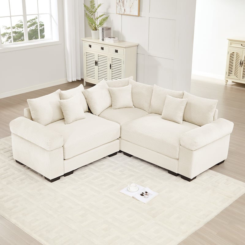 GDFStudio - Corduroy L-Shaped 3-Seater 79.1" Cloud Modular Sectional Couch - Cream