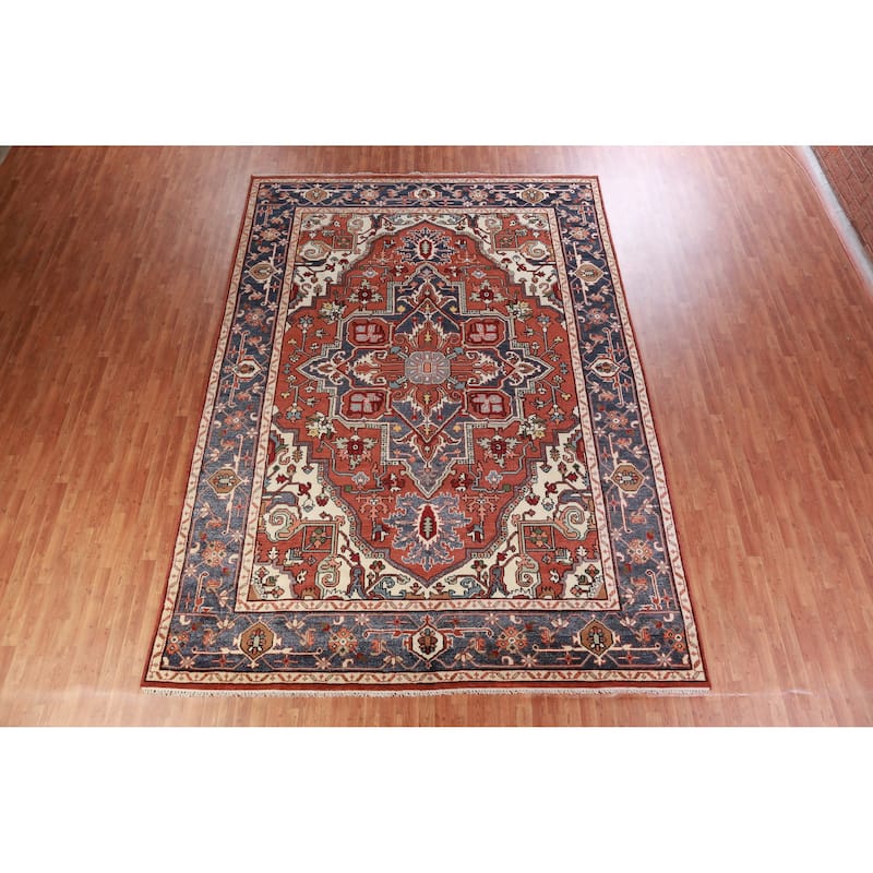 Orange Medallion Heriz Serapi Oriental Large Rug Handmade Wool Carpet - 9'11" x 13'9"
