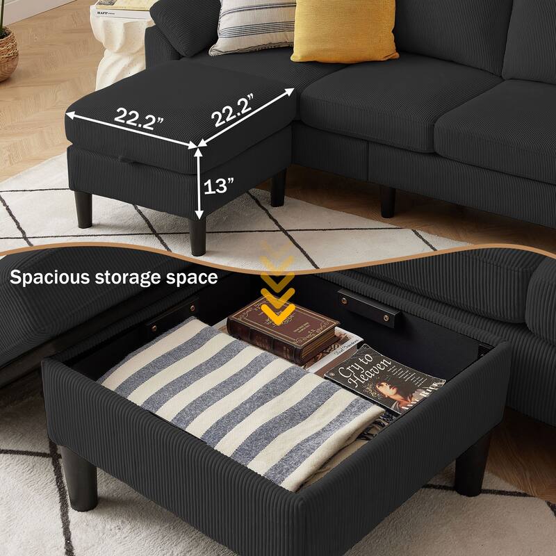 79.72" Corduroy 3 Pieces Living Room Sets Including Sectional Sofa with Storage Ottoman and Armchair Set