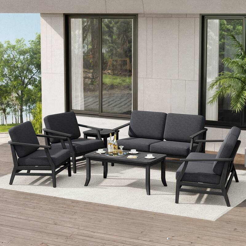 Teak Outdoor Patio Conversation Set with Cushions and Tables (6-Piece) - Dark Grey - Black Wood