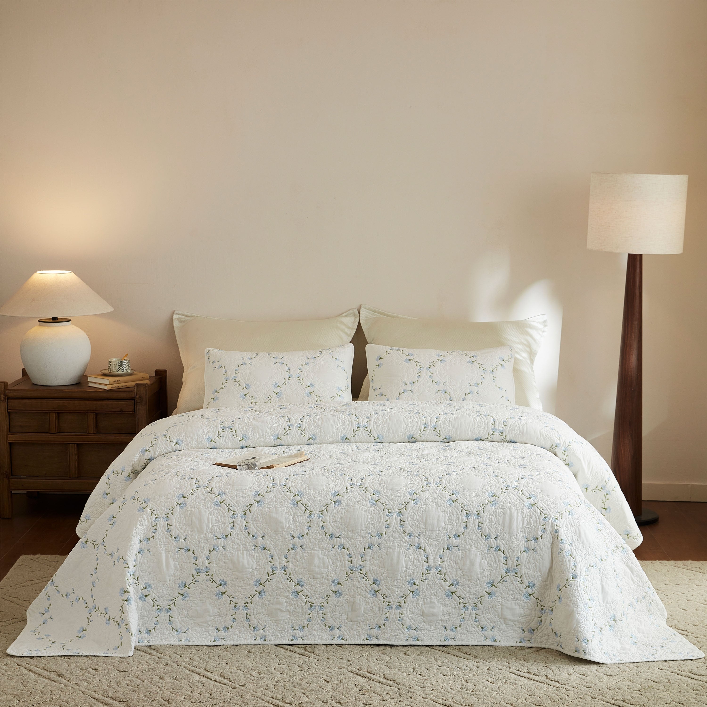 MarCielo Cotton Soft Blue Floral Quilt Set