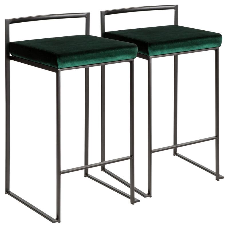 Porch & Den Forrest Contemporary Black Stackable Fully Welded Counter Stool (Set of 2) - green velvet