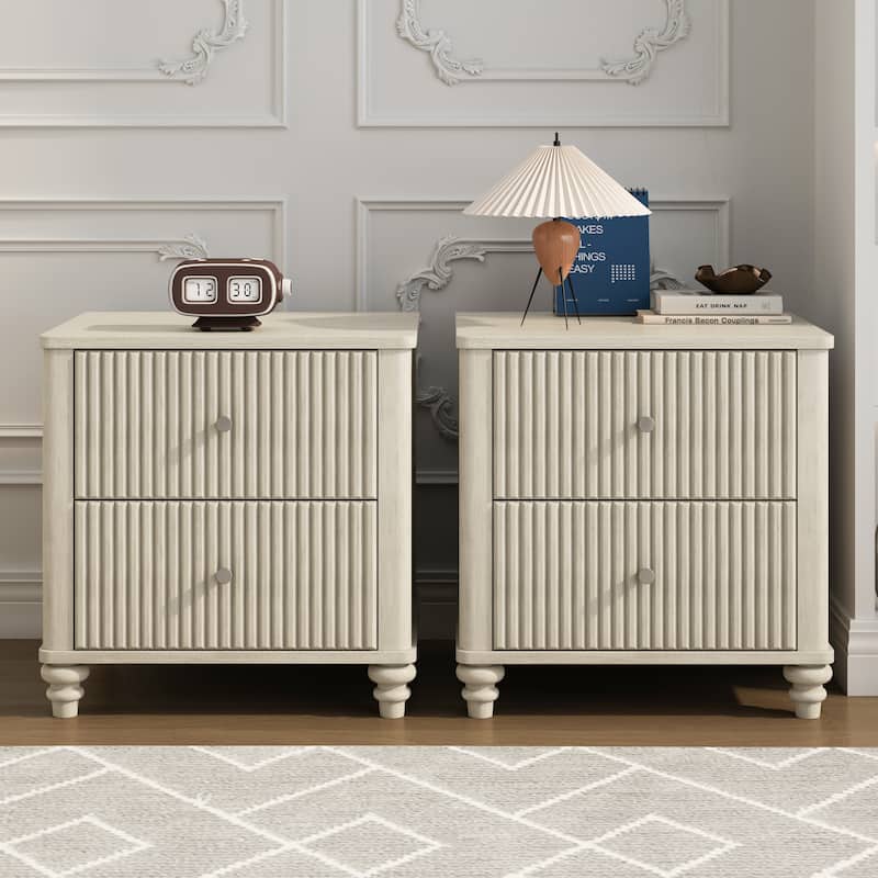 GDFStudio Mid-Century Fluted 3-Drawer Wooden Nightstand with Metal Handles - Beige-2pc