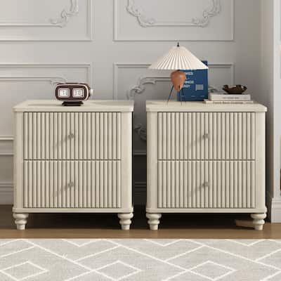 GDFStudio Mid-Century Fluted 3-Drawer Wooden Nightstand with Metal Handles