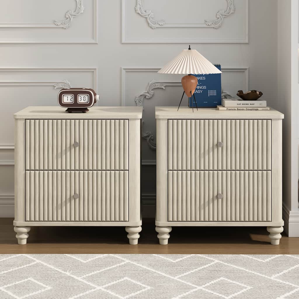 Mid-Century Modern Fluted NightStand with Drawers & Metal Handle.
