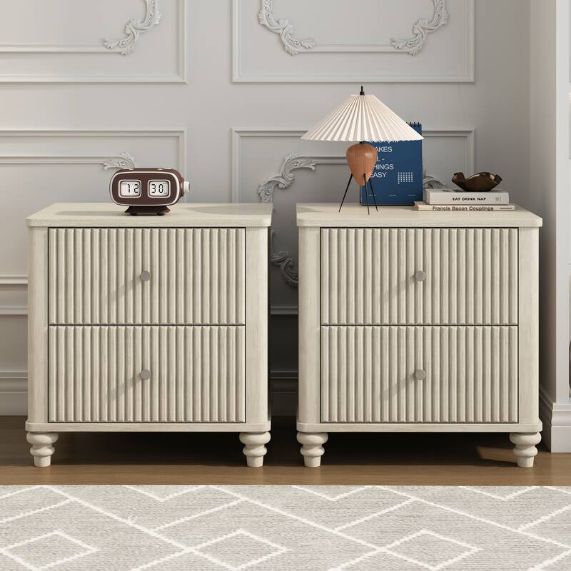 Modern Fluted Nightstand with 2 Large Drawers & 1 Hidden Drawer, Wood Bedside Tables for Bedroom, Retro Simple Style End Table - Beige2 PCS