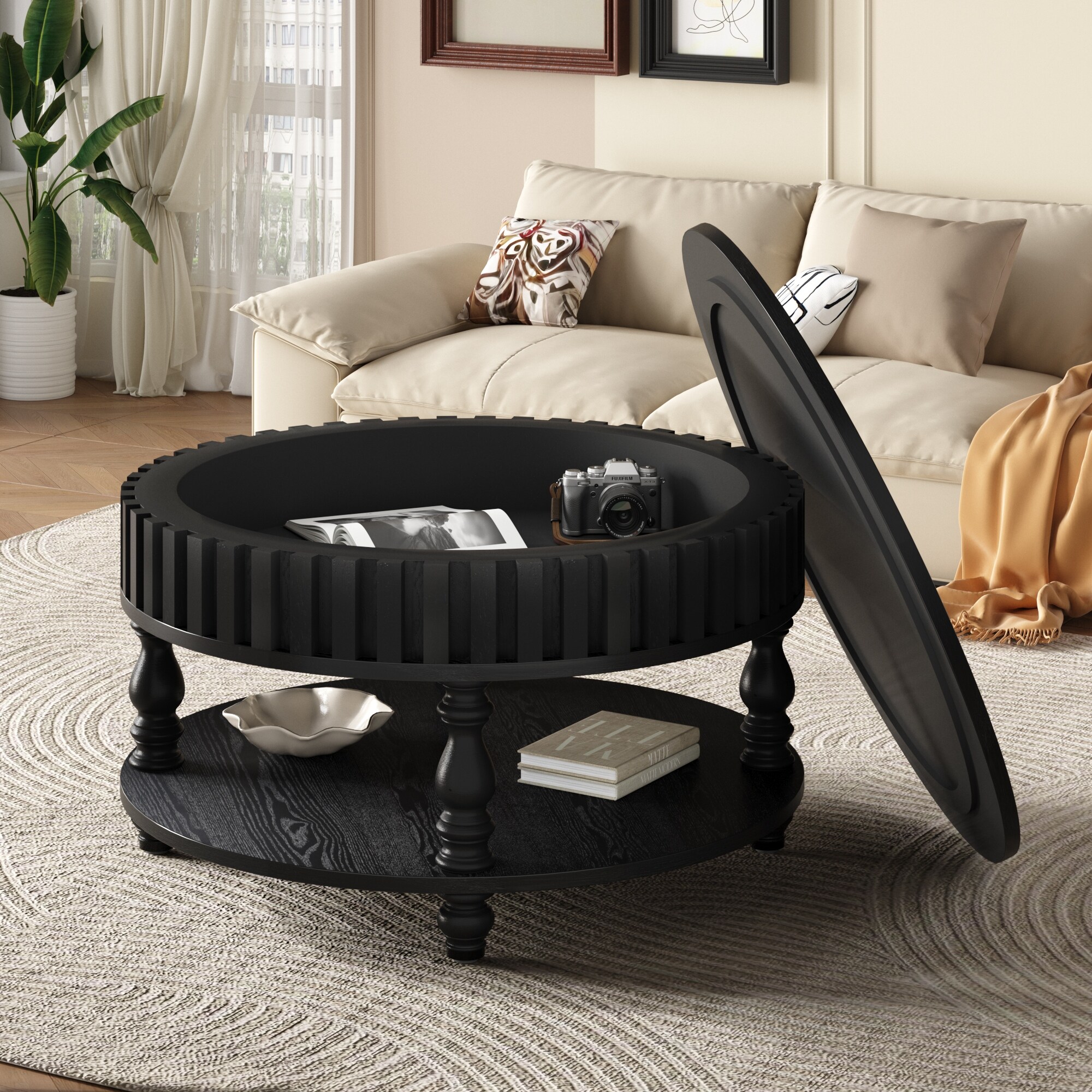 FLOAT COFFEE TABLE (CENTER LEG) コーヒーテーブル Modern Fluted Coffee Table with Storage, Black Finish Center Table