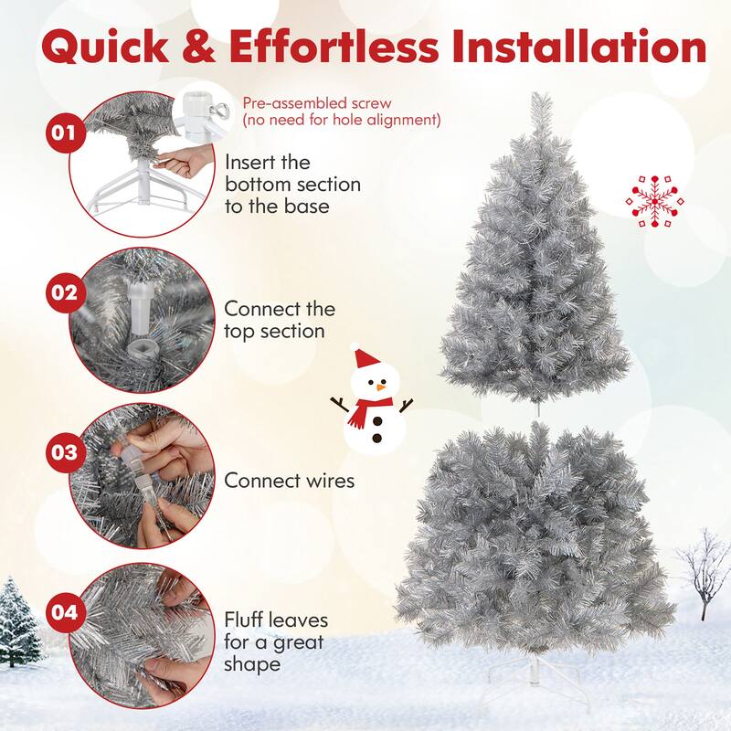 Gymax 5/6/7 FT Pre-Lit Artificial Christmas Tree Silver Tinsel Hinged - See Details