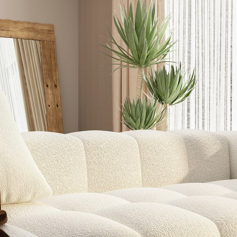 100.8"W Wooden Frame Teddy Velvet Sofa in White Couch 4 Person