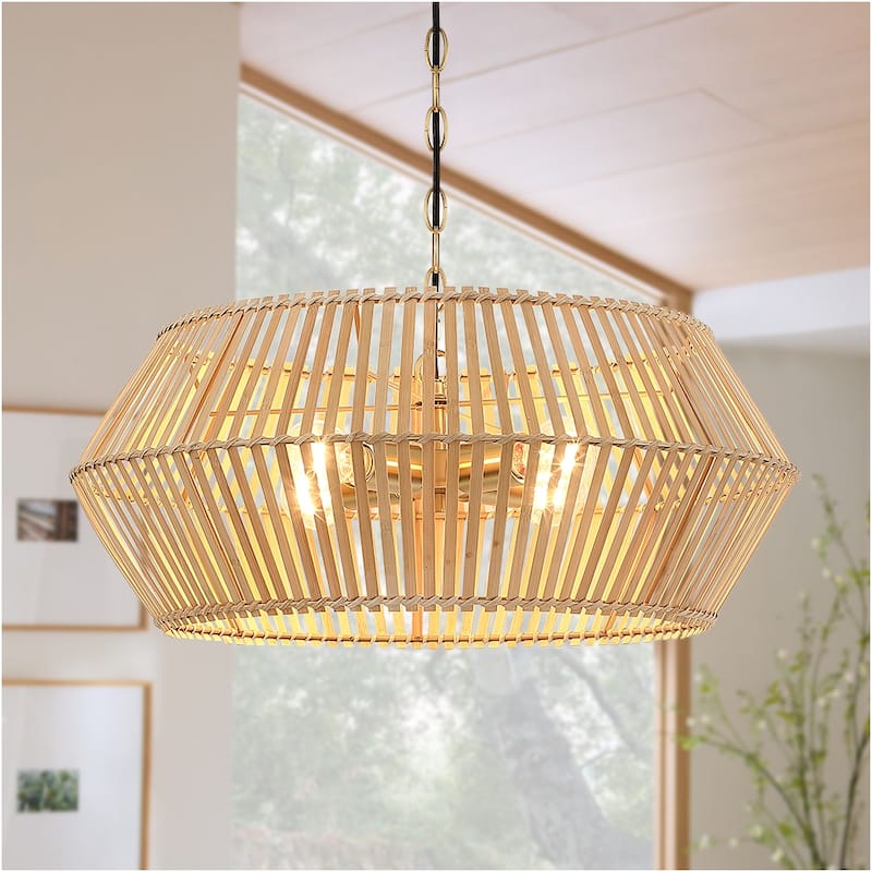 4 - Light Bohemian Bamboo Chandelier with Brass Canopy - 4-Light 22" W - 4-Light 22" W