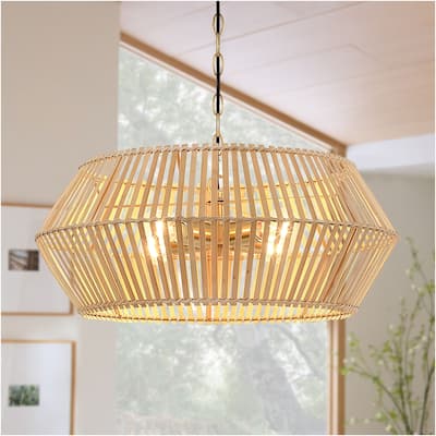 4 - Light Bohemian Bamboo Chandelier with Brass Canopy - 4-Light 22" W