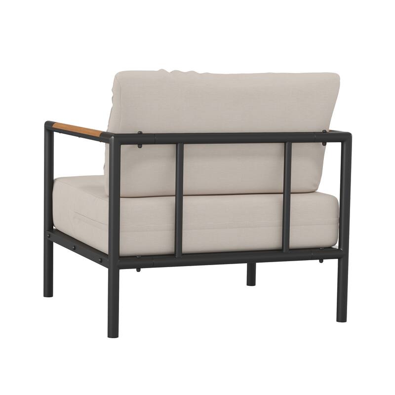 Aluminum Frame Patio Chair with Teak Arm Accents and Plush Cushions - 32.5"W x 29.5"D x 24.5"H